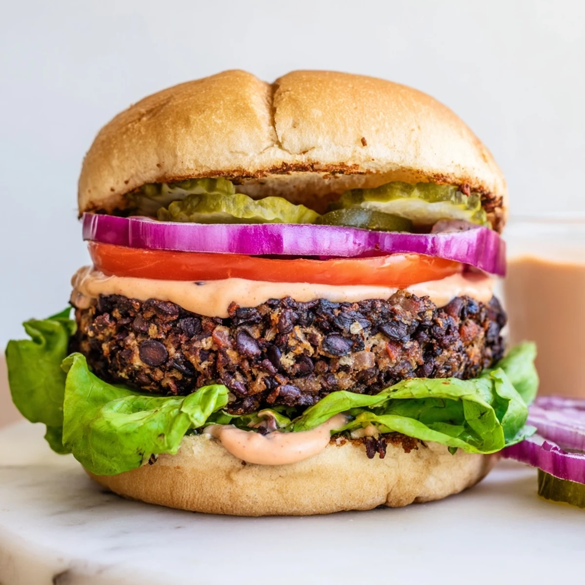 Smoky vegan black bean burger, flavorful patty inside a toasted bun, with vibrant chipotle mayo drizzle.