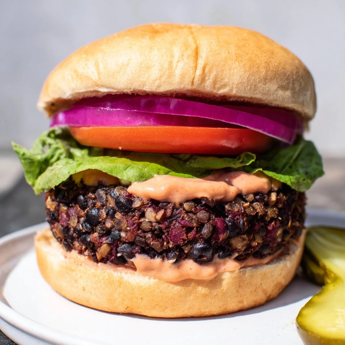 Close-up of a plant-based Vegan Black Bean Burger, stacked with fresh lettuce, red onion, and pickles.