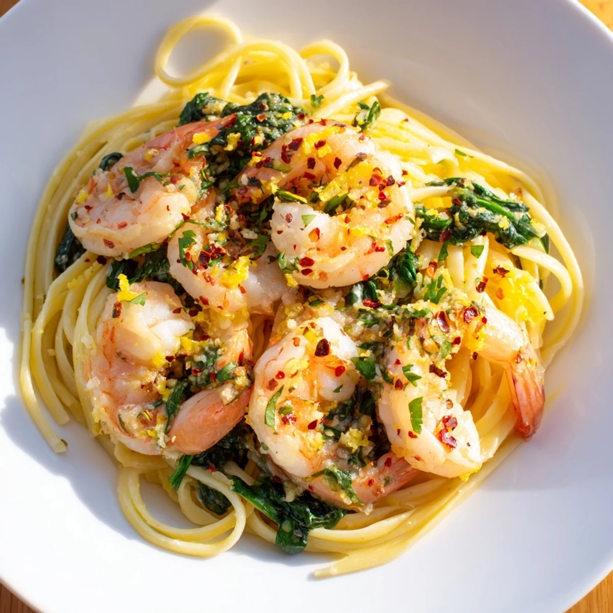 Bright and flavorful Lemon Garlic Shrimp Pasta, tossed with wilted spinach, offering savory satisfaction.
