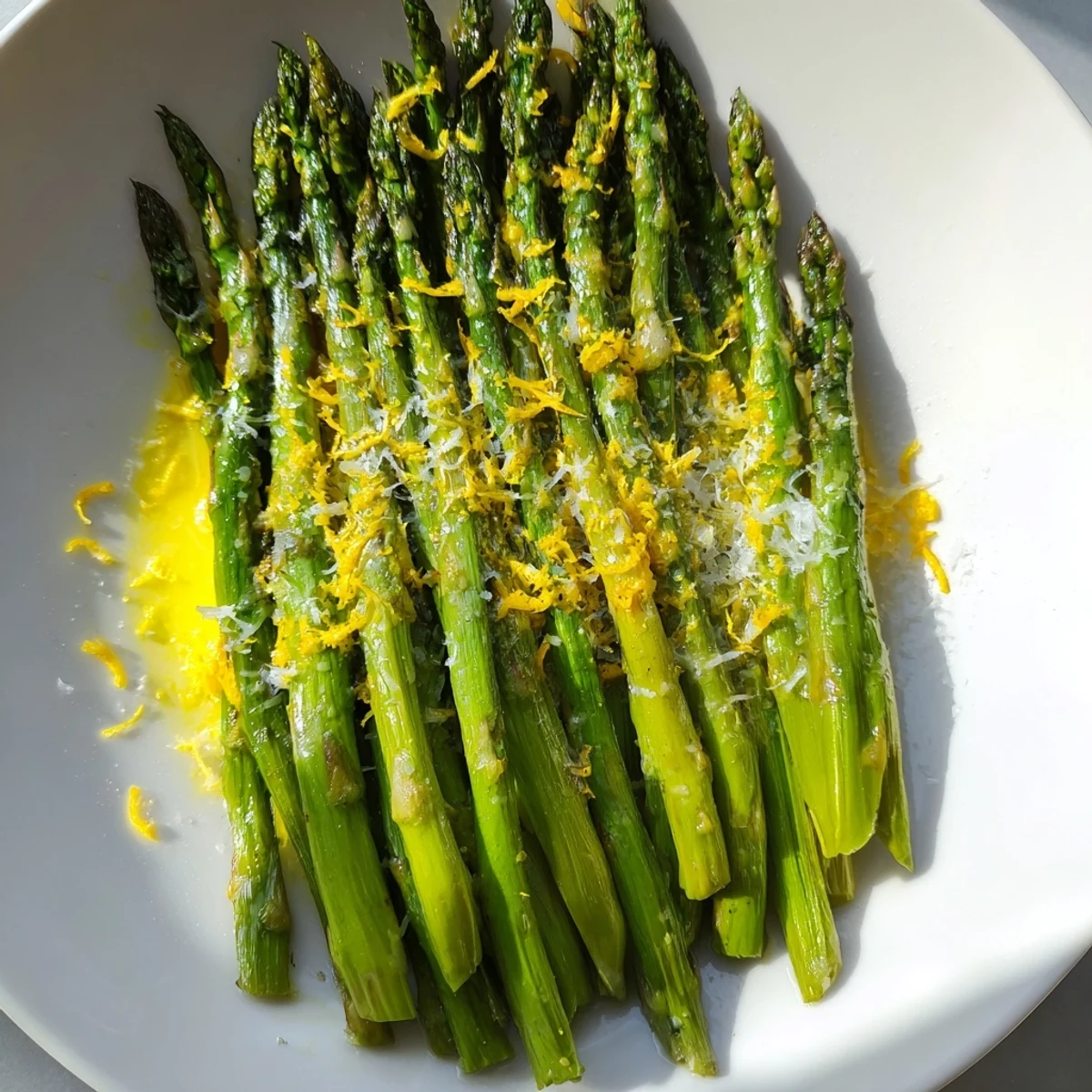 Freshly cooked roasted asparagus, beautifully arranged, dusted with Parmesan and zesty lemon flavor.