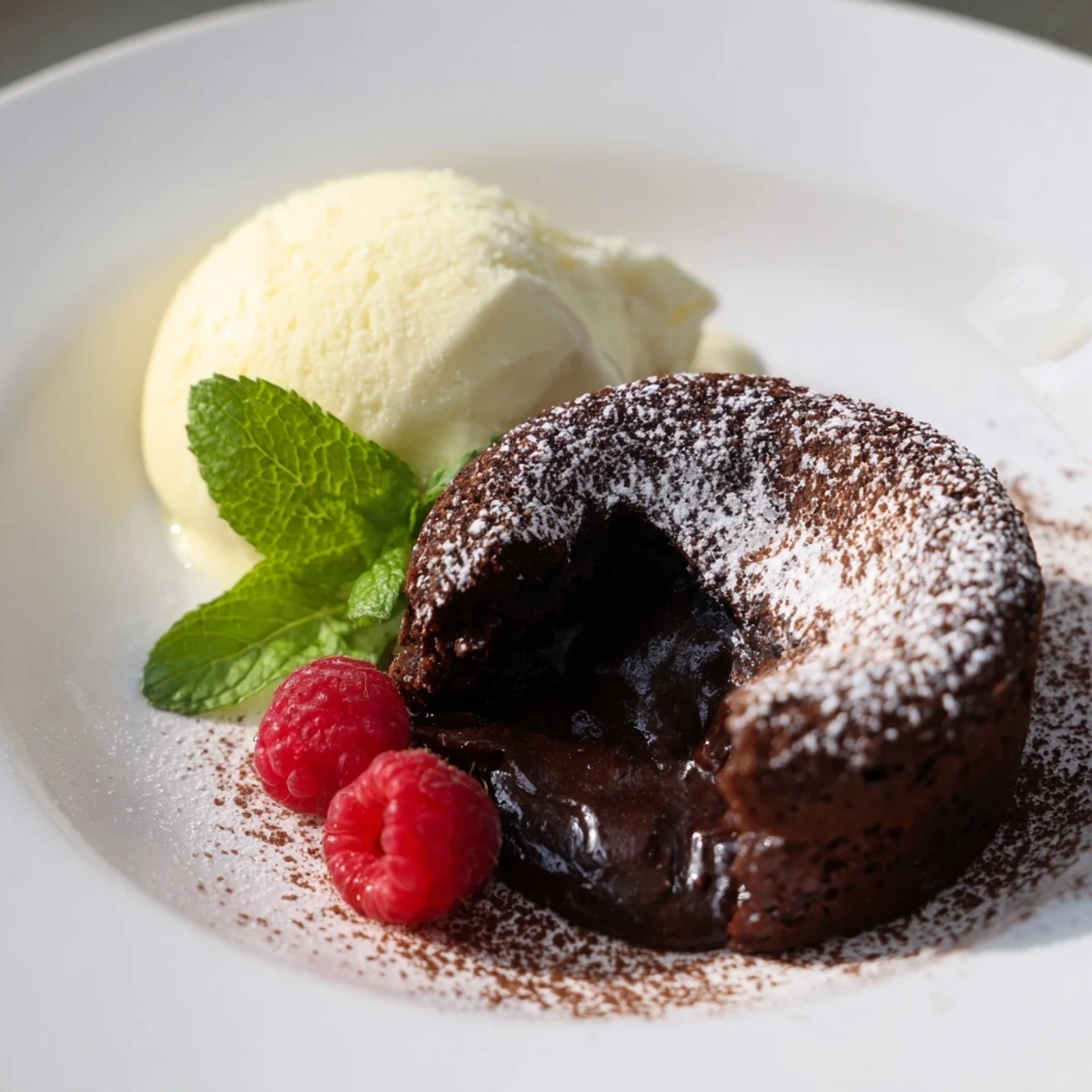 Warm chocolate lava cakes with a flowing center, perfect with a scoop of vanilla ice cream.