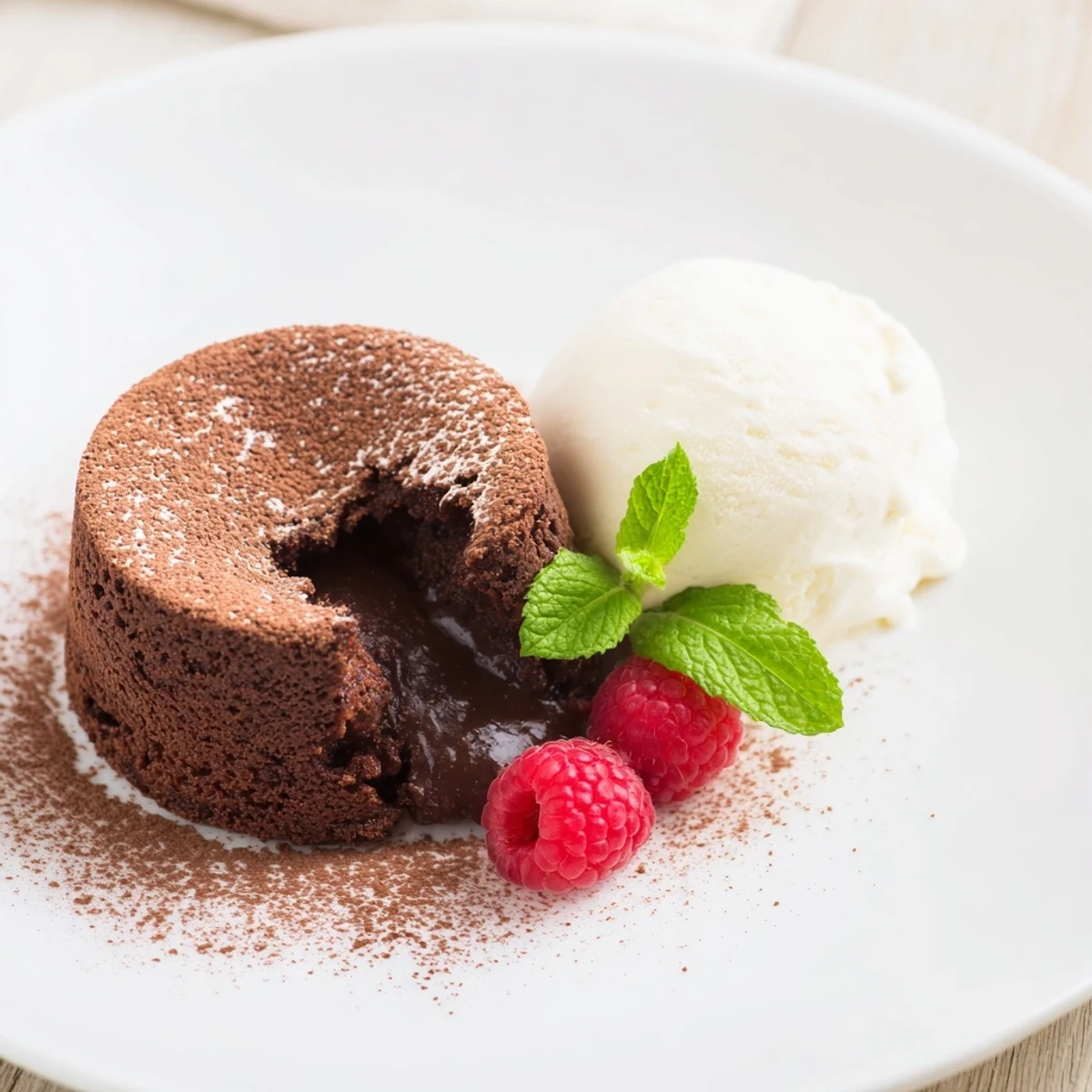 A close-up of rich chocolate lava cakes, their gooey centers paired with vanilla ice cream.