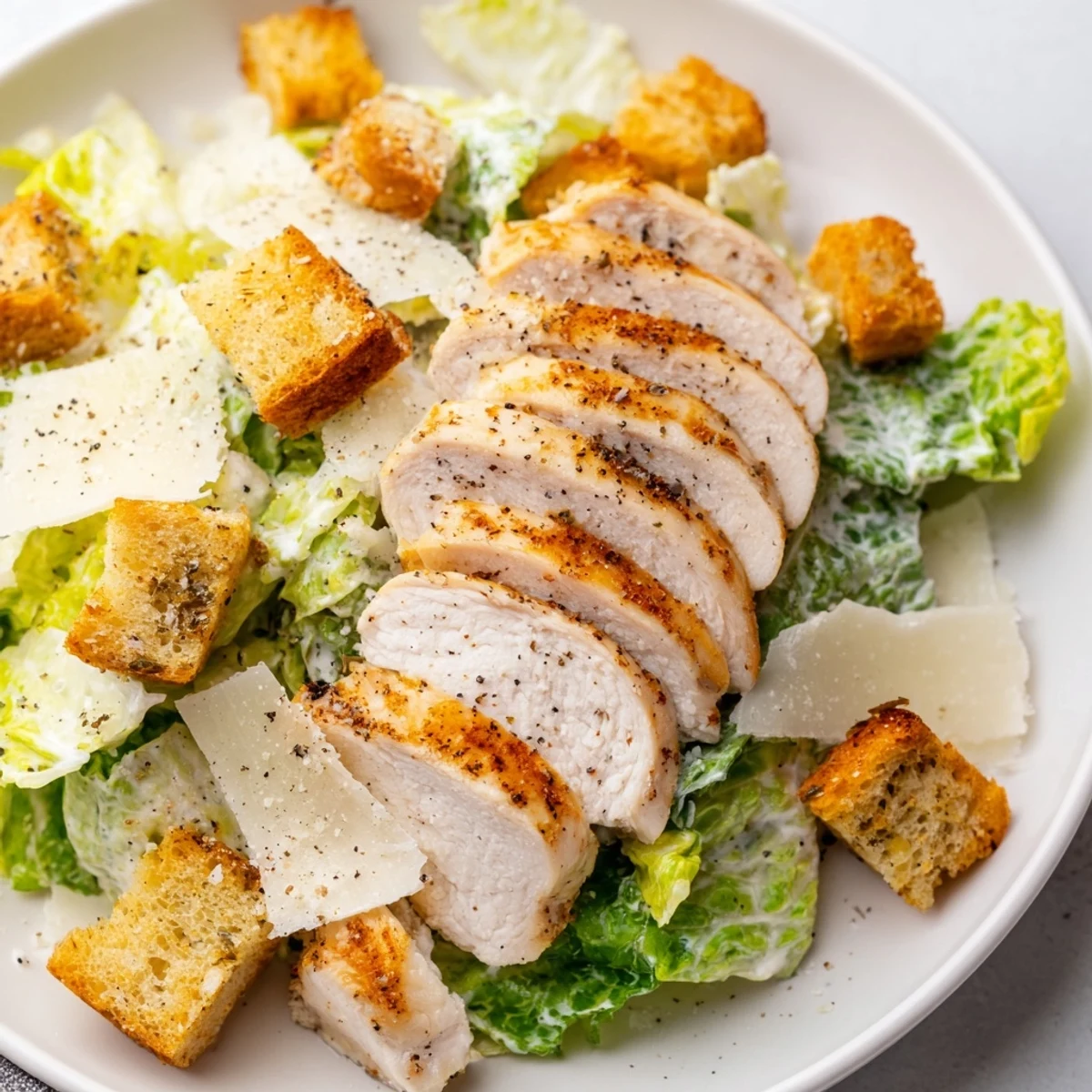 A close-up of a Chicken Caesar Salad with visible grilled chicken, parmesan cheese, and crispy croutons.