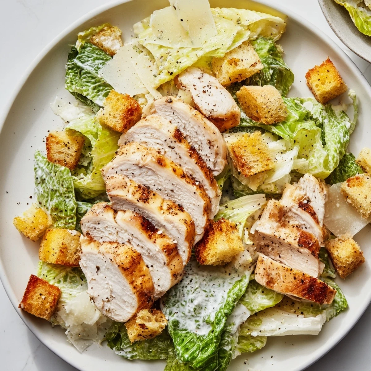 Enjoy a flavorful Chicken Caesar Salad with juicy grilled chicken piled high with fresh salad and croutons.