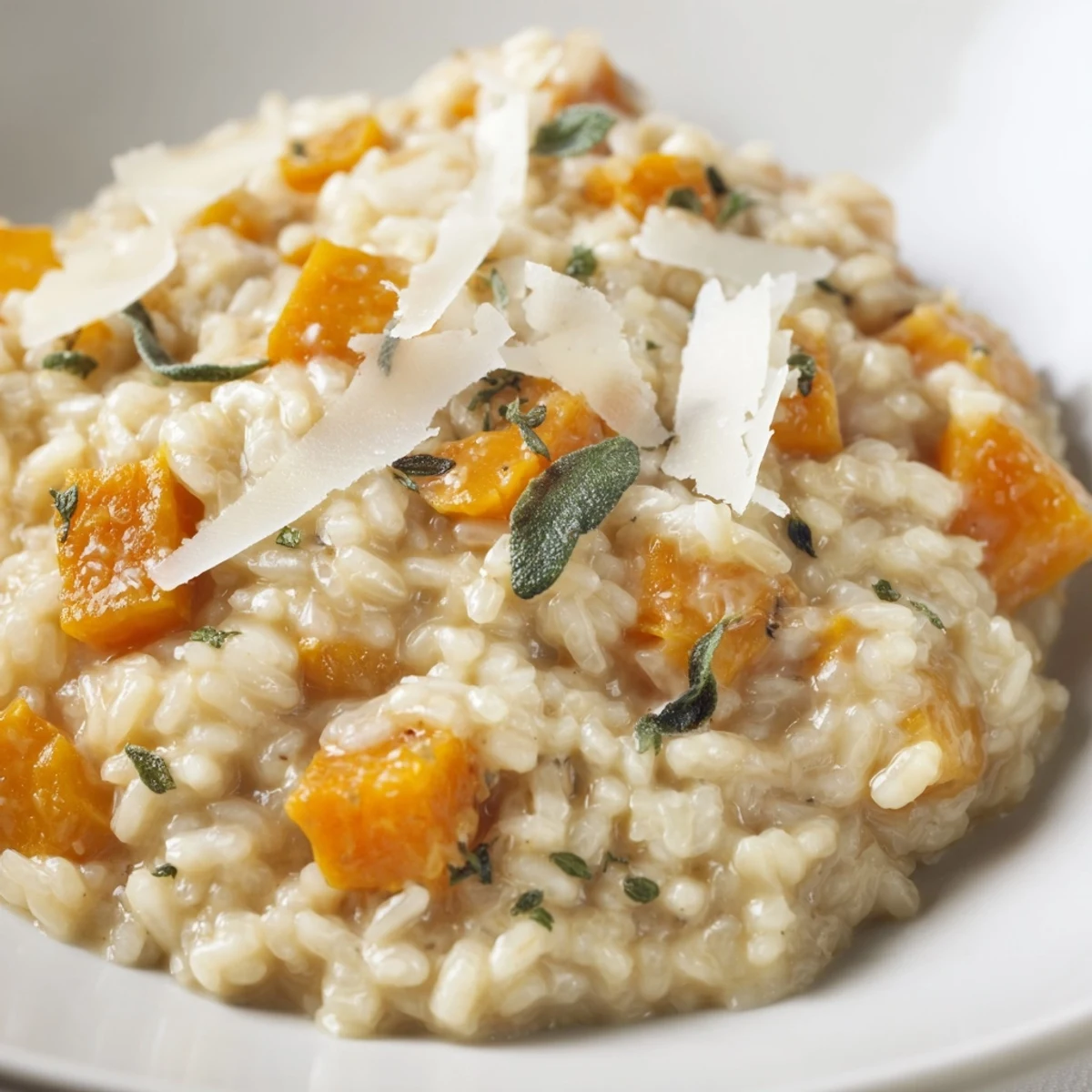 Creamy Winter Squash Risotto with sage and Parmesan, garnished, ready to enjoy on a cozy night.