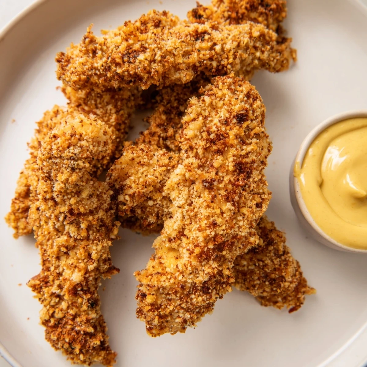 Golden, crispy baked chicken tenders with a side of sweet and tangy honey mustard for dipping.