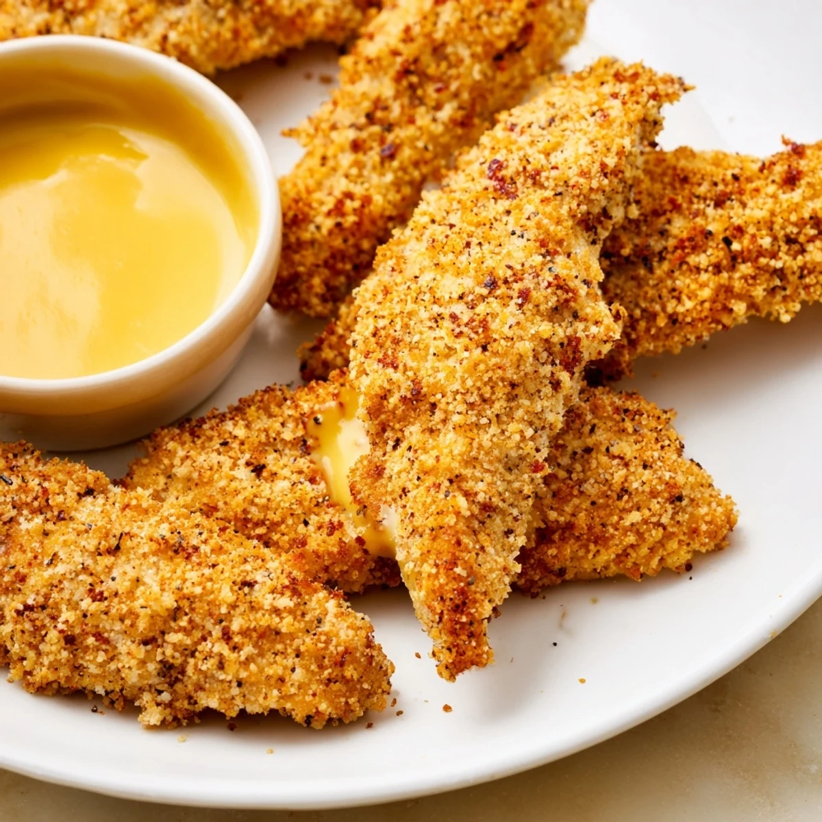 Freshly baked chicken tenders with honey mustard, perfect for a quick and easy American dinner.