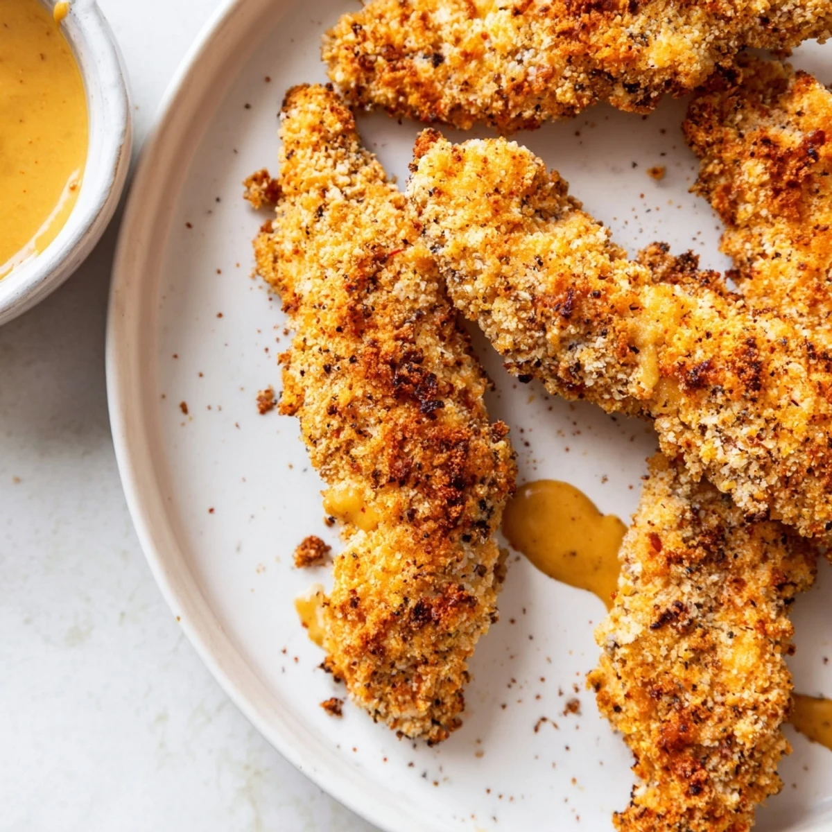 Close-up of crispy baked chicken tenders showcasing their crunchy breadcrumb coating and delicious flavor.