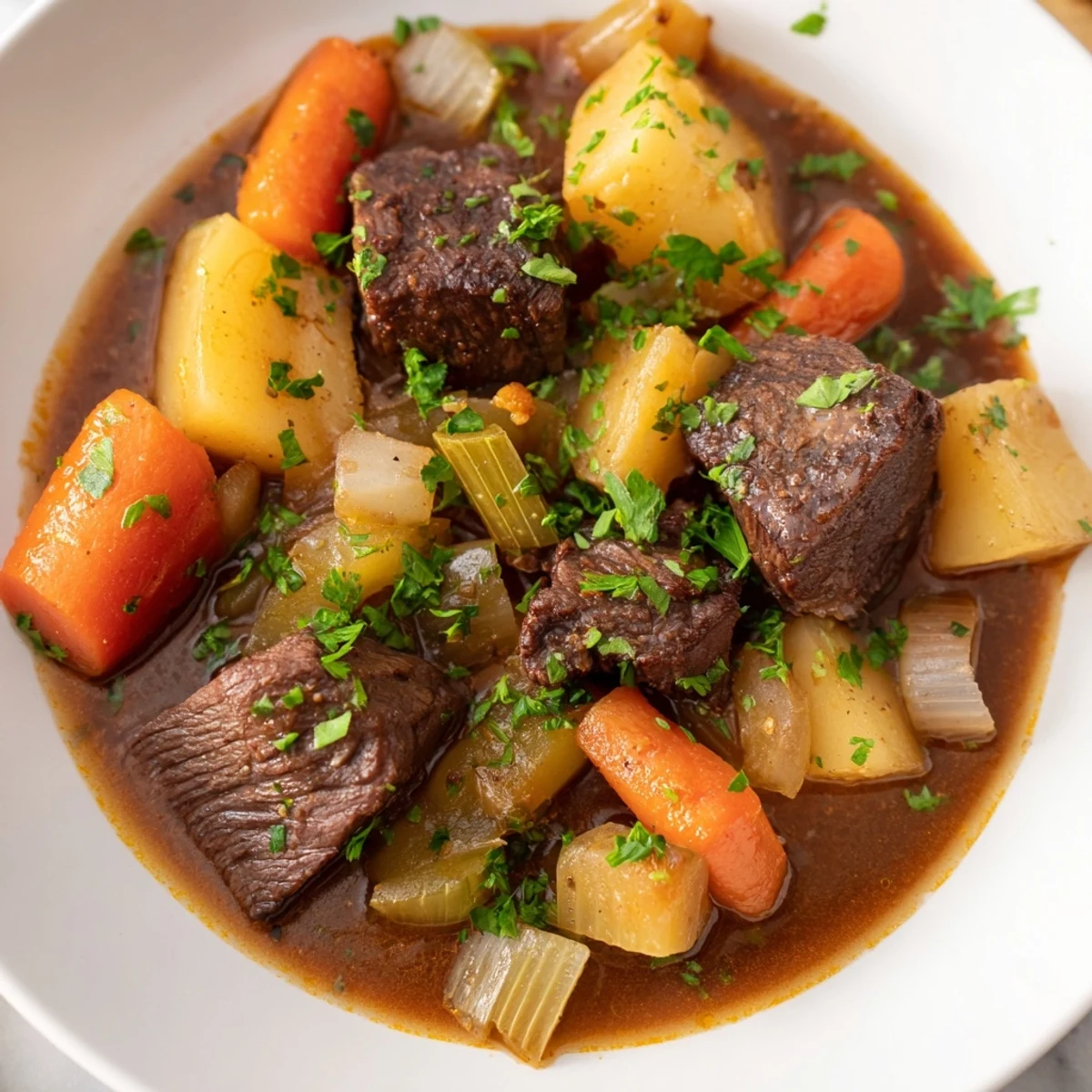 A close-up of a richly flavored slow cooker beef stew, showcasing its tender beef chunks and veggies.
