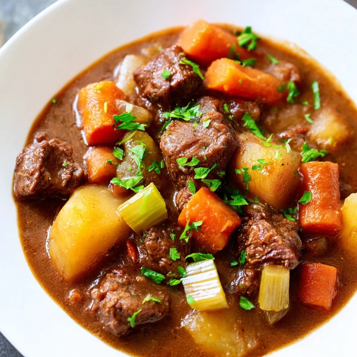 Hearty slow cooker beef stew with herbs like thyme and rosemary, promising a comforting meal perfect for dinner.