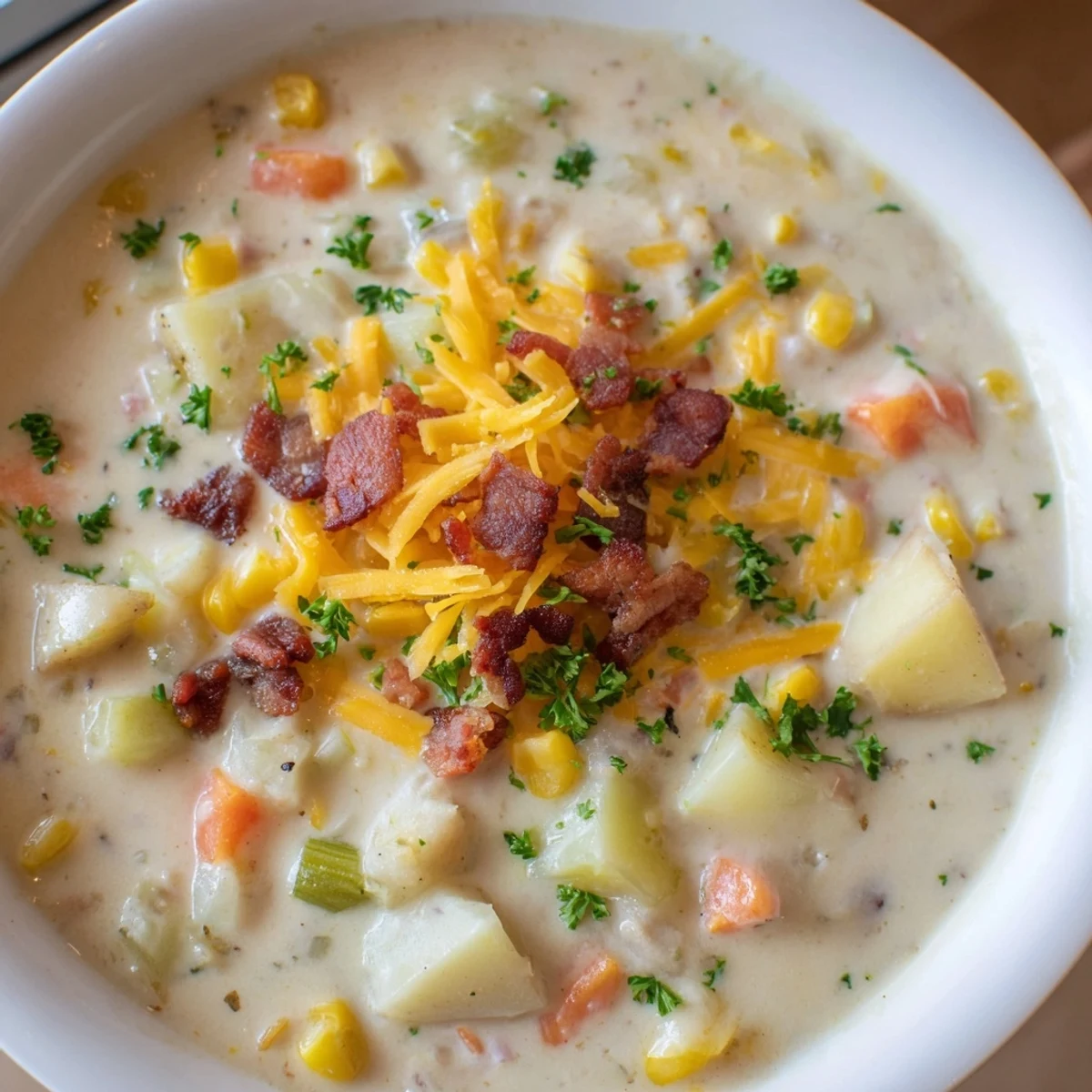 Ladle a spoonful of rich Creamy Corn Chowder with Turkey Bacon, smelling of sweet corn and smoky bacon.