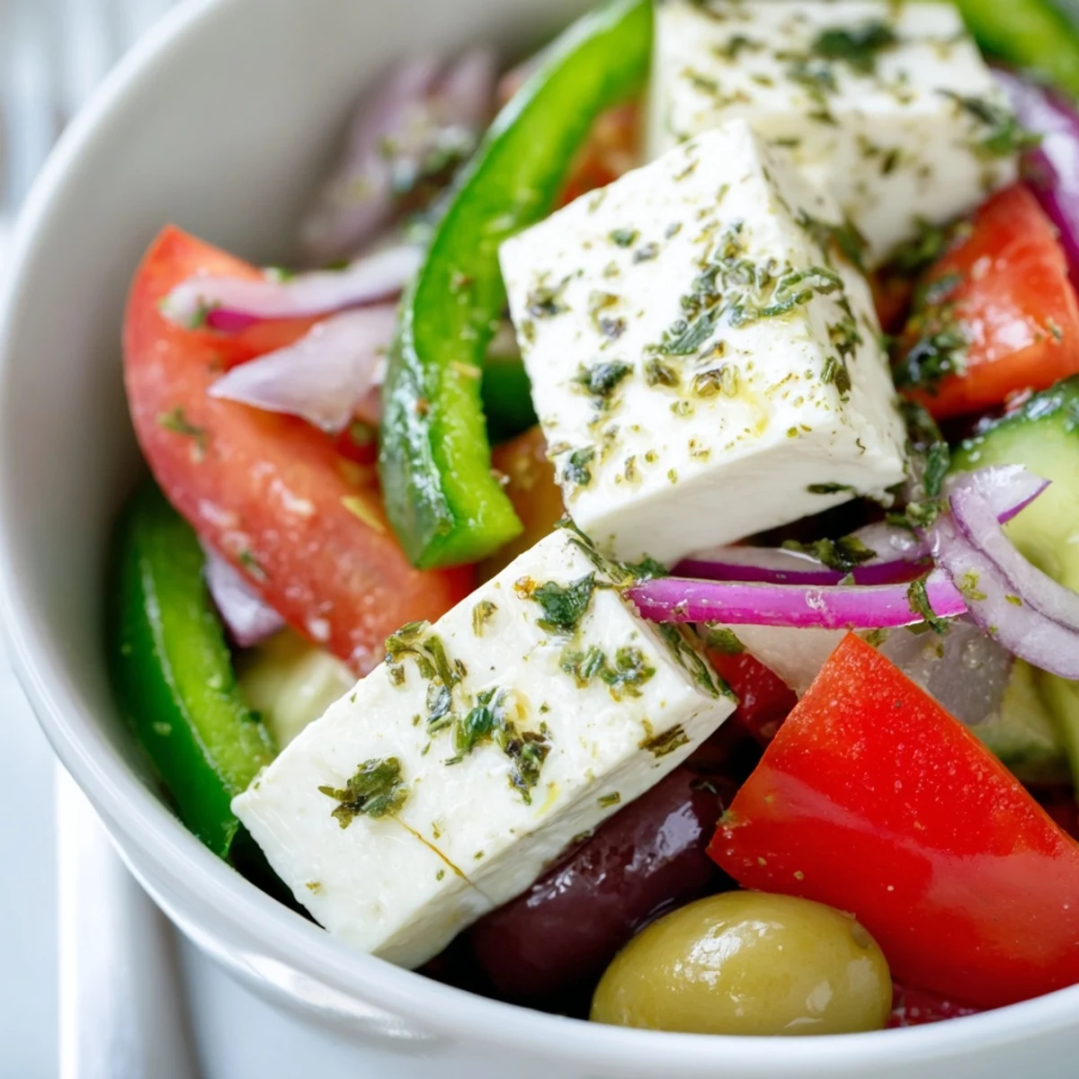Freshly tossed Greek Salad with Kalamata Olives and Feta Cheese, featuring vibrant red tomatoes and crisp cucumbers, ready to serve.