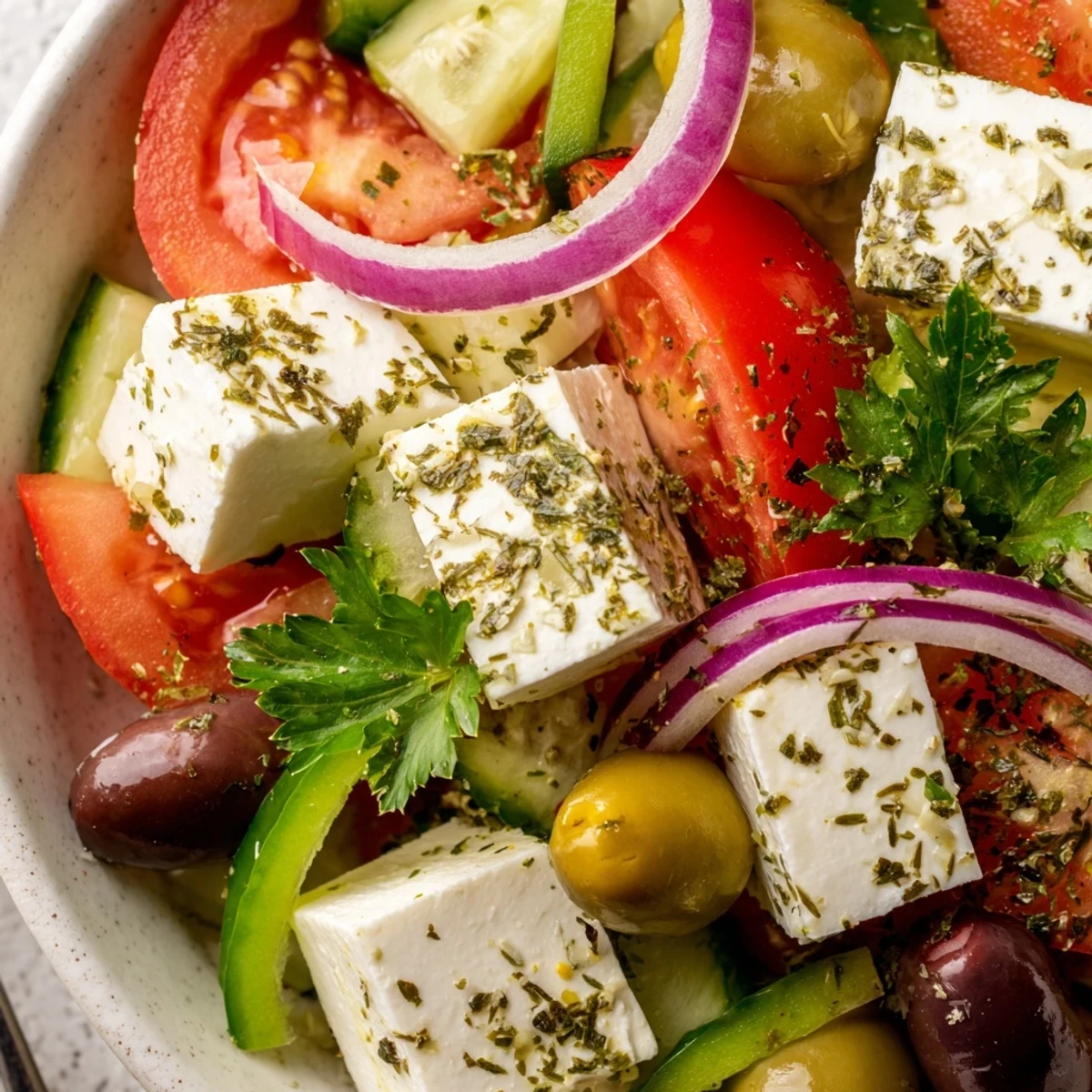 A close-up of Greek Salad with Kalamata Olives and Feta Cheese, showcasing creamy cheese chunks, briny olives, and zesty olive oil dressing.