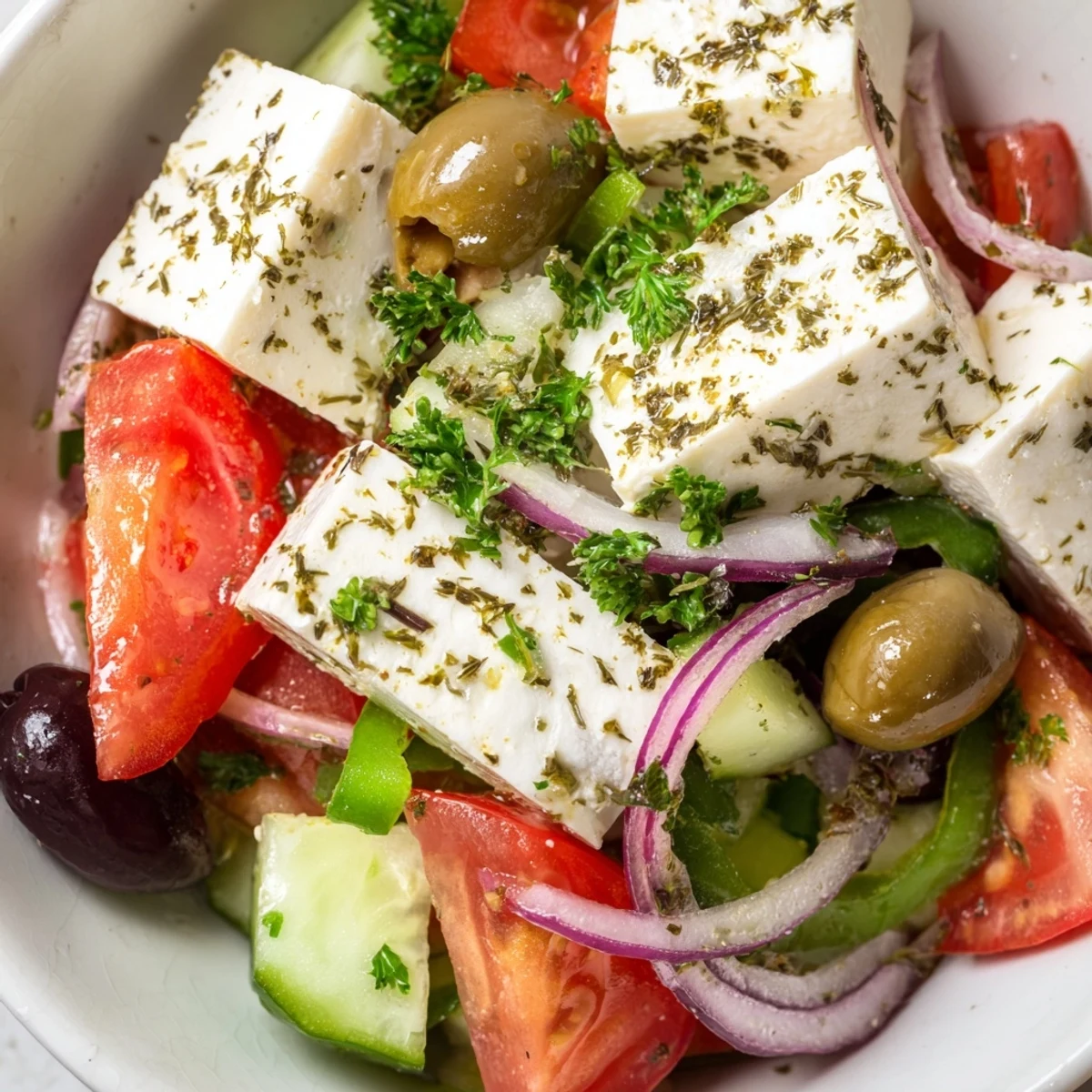 Colorful bowl of Greek Salad with Kalamata Olives and Feta Cheese, topped with fresh oregano and served alongside warm pita bread.