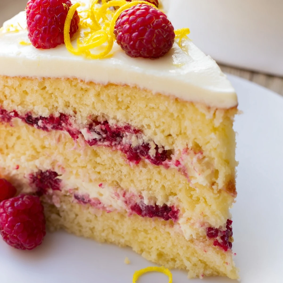 A slice of Lemon Raspberry Layer Cake with Buttercream showcases tender crumb and fresh raspberries on a plate.