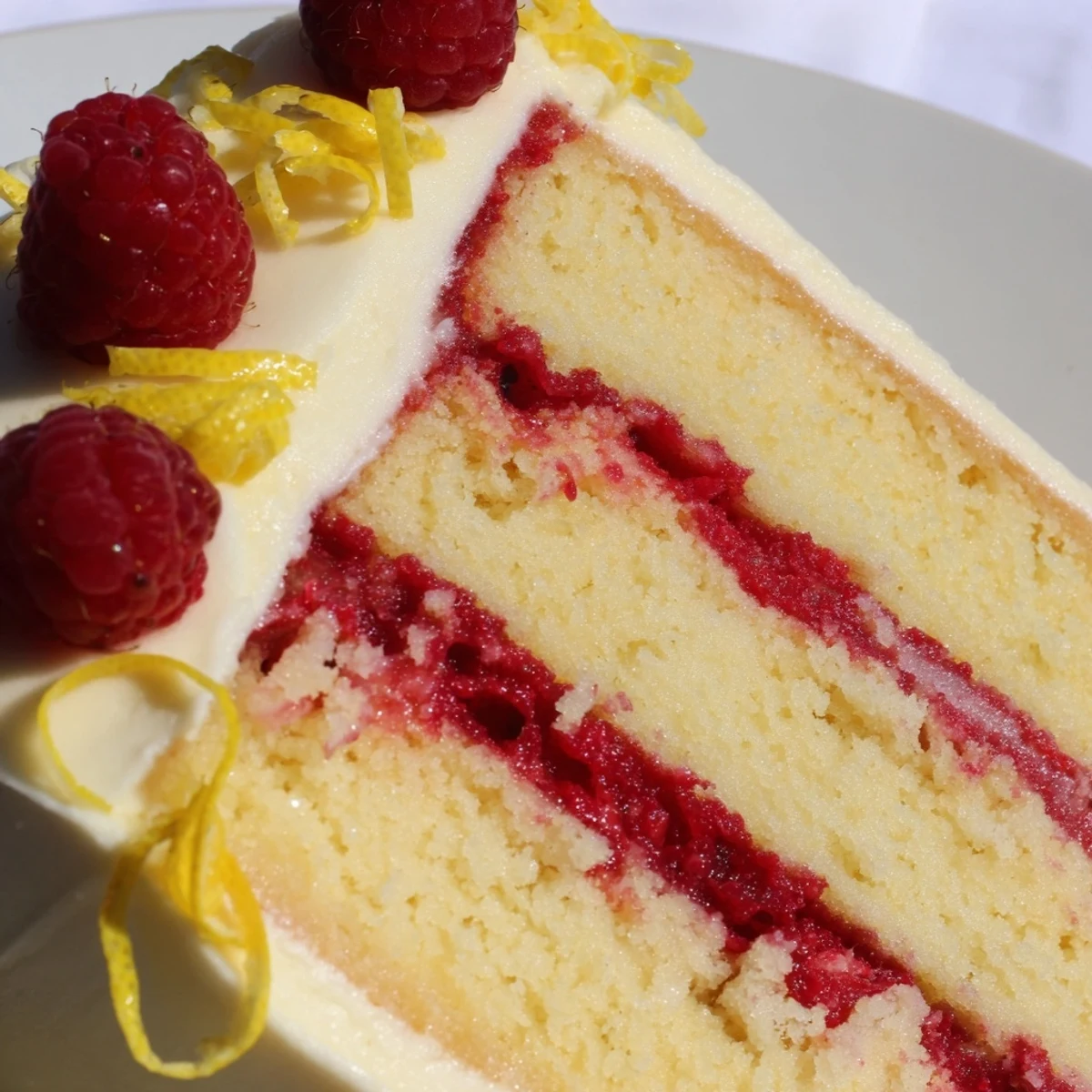 A plated slice reveals layers of Lemon Raspberry Layer Cake with Buttercream, raspberry filling, and silky frosting.