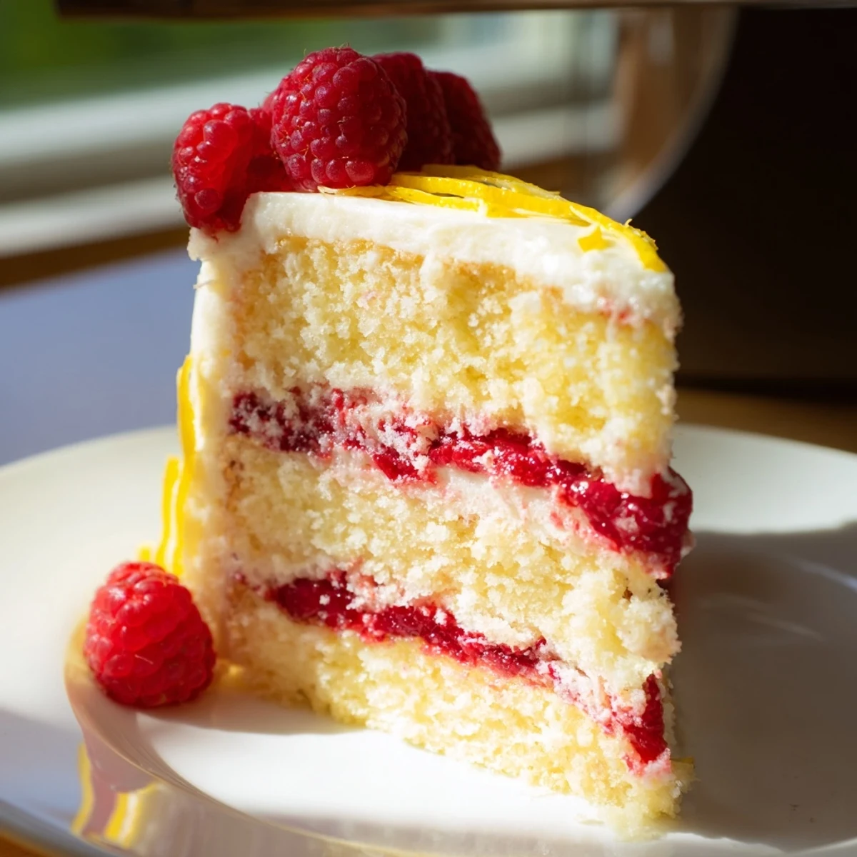 Fresh raspberries and lemon zest curls garnish the top of a Lemon Raspberry Layer Cake with Buttercream.