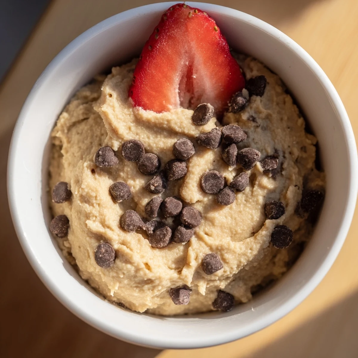A bowl of creamy Chocolate Chip Cookie Dough Hummus topped with mini chocolate chips, served with crisp apple slices for dipping.