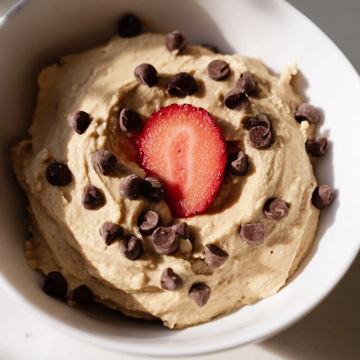 Colorful fresh fruit like strawberries, bananas, and grapes surround a dip bowl of sweet Chocolate Chip Cookie Dough Hummus.