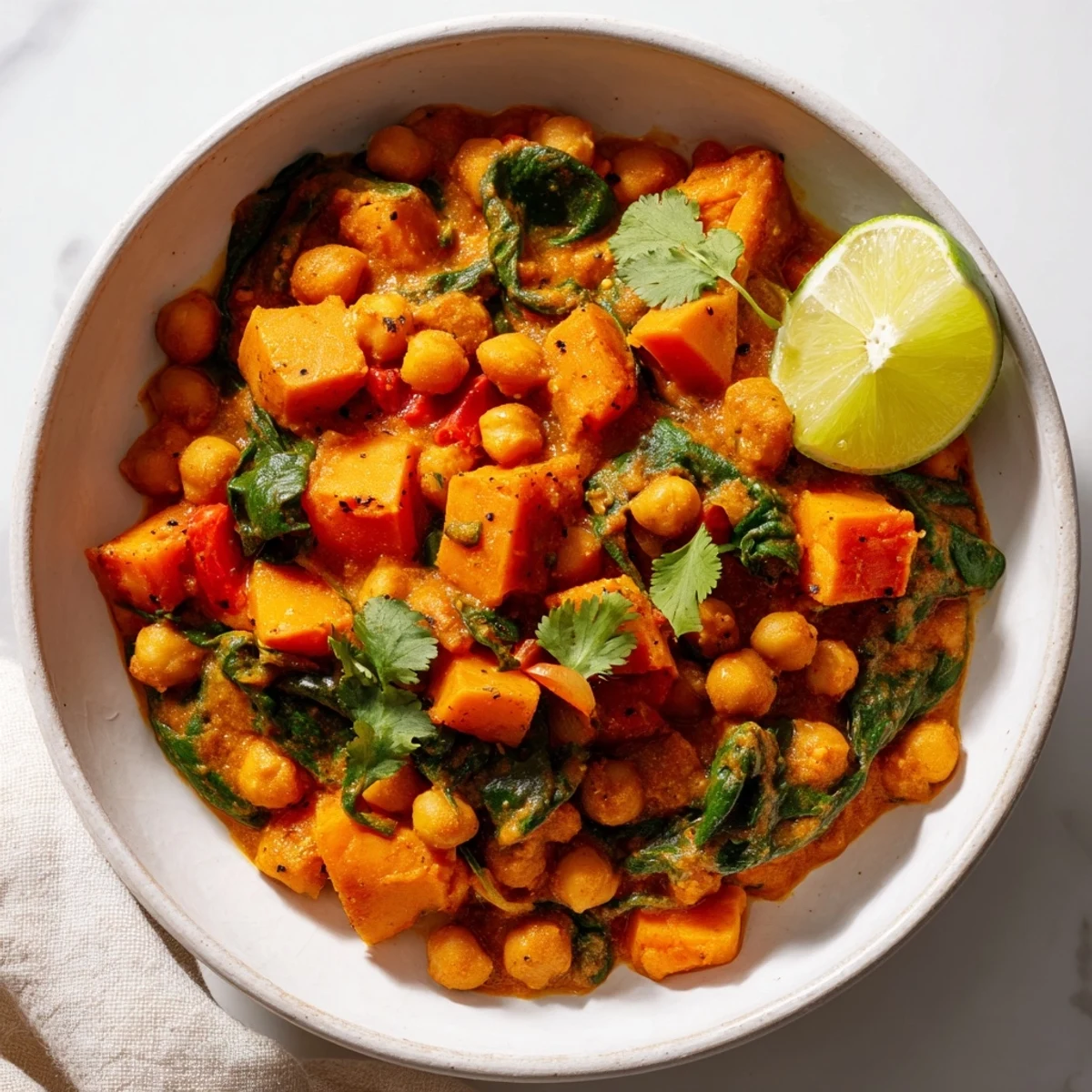 A steaming bowl of Vegan Sweet Potato Curry with Spinach and Chickpeas, served over fluffy white basmati rice.