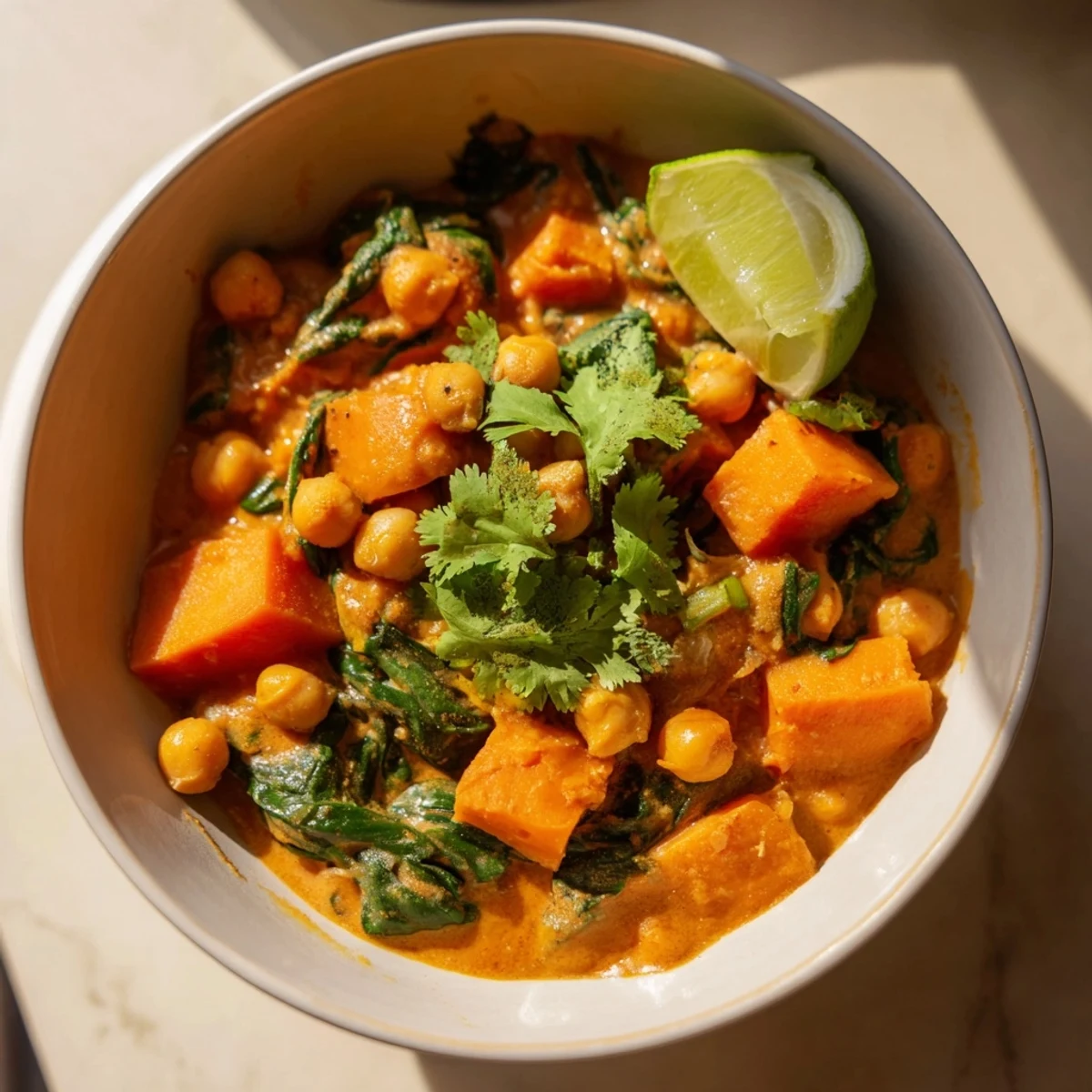 Hearty Vegan Sweet Potato Curry with Spinach and Chickpeas simmering in a rich, orange tomato-coconut sauce in a pot.