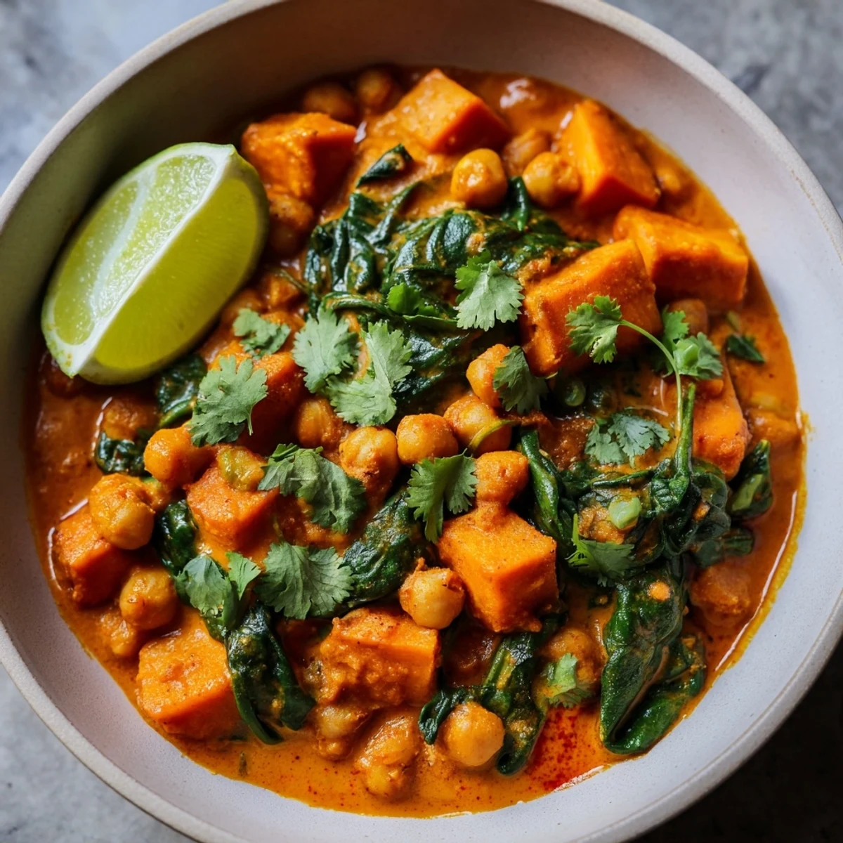 Creamy Vegan Sweet Potato Curry with Spinach and Chickpeas garnished with fresh cilantro and lime wedges on the side.