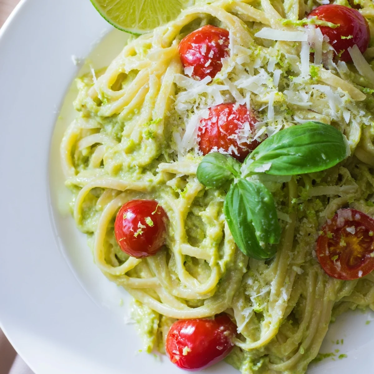 Creamy Avocado Lime Pasta with Cherry Tomatoes tossed in a vibrant green sauce, garnished with fresh basil and lime zest.