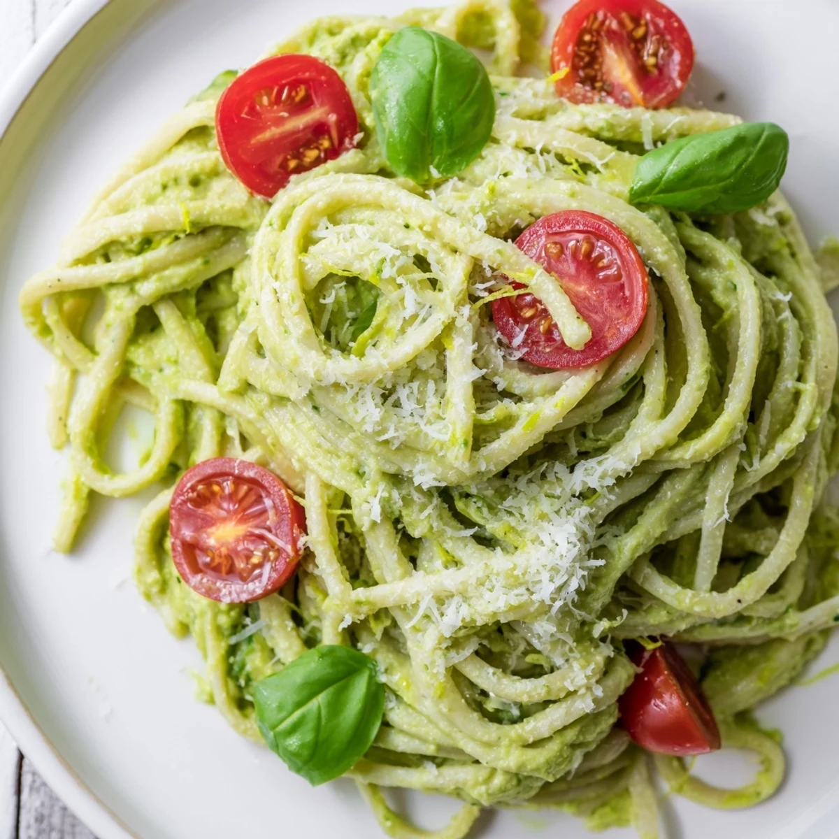 Freshly blended avocado sauce coats spaghetti noodles, with halved cherry tomatoes adding bright pops of color and flavor.