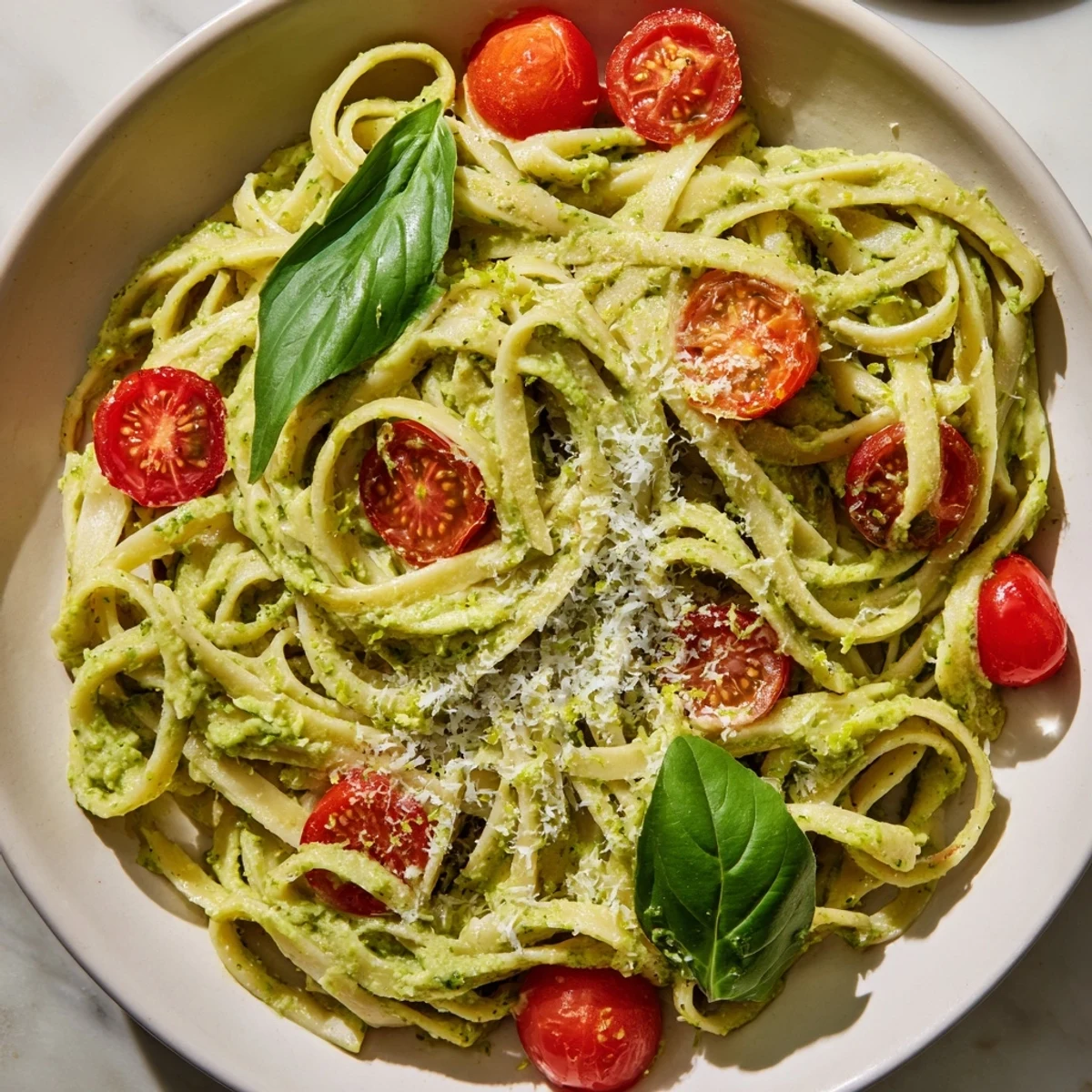 A fork twirls a bite of creamy avocado pasta with cherry tomatoes, served on a white plate with Parmesan.