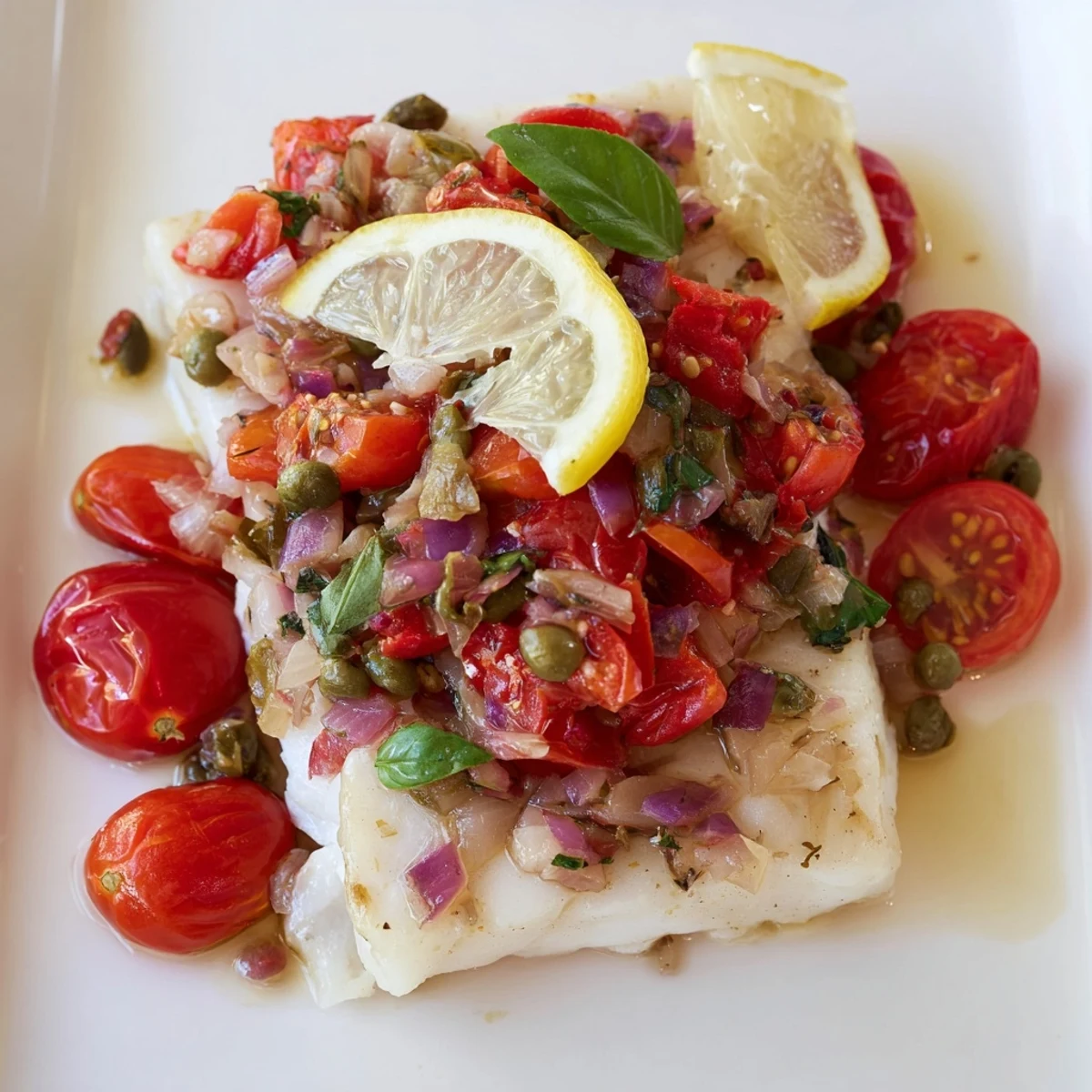 Tender baked halibut fillets topped with a vibrant tomato and basil relish served on a white plate.