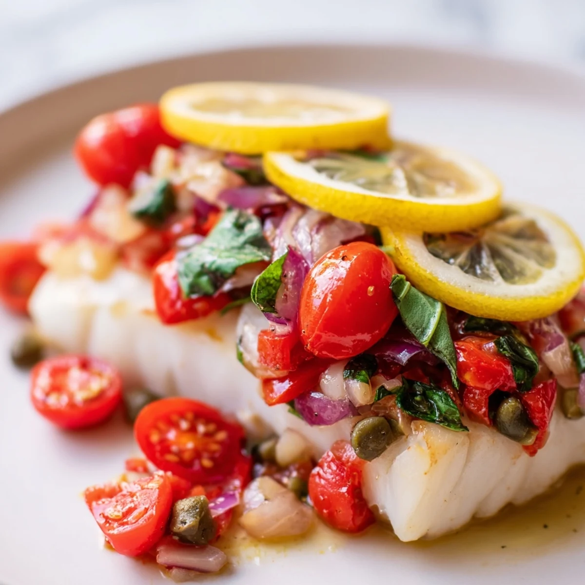 Close-up of Baked Halibut with Tomato and Basil Relish, garnished with fresh basil and ready to serve.