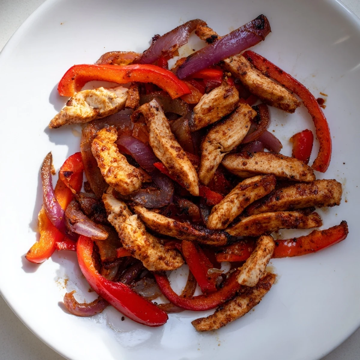 Tender chicken strips and colorful peppers on Sheet Pan Chicken Fajitas, ready to serve with warm tortillas.