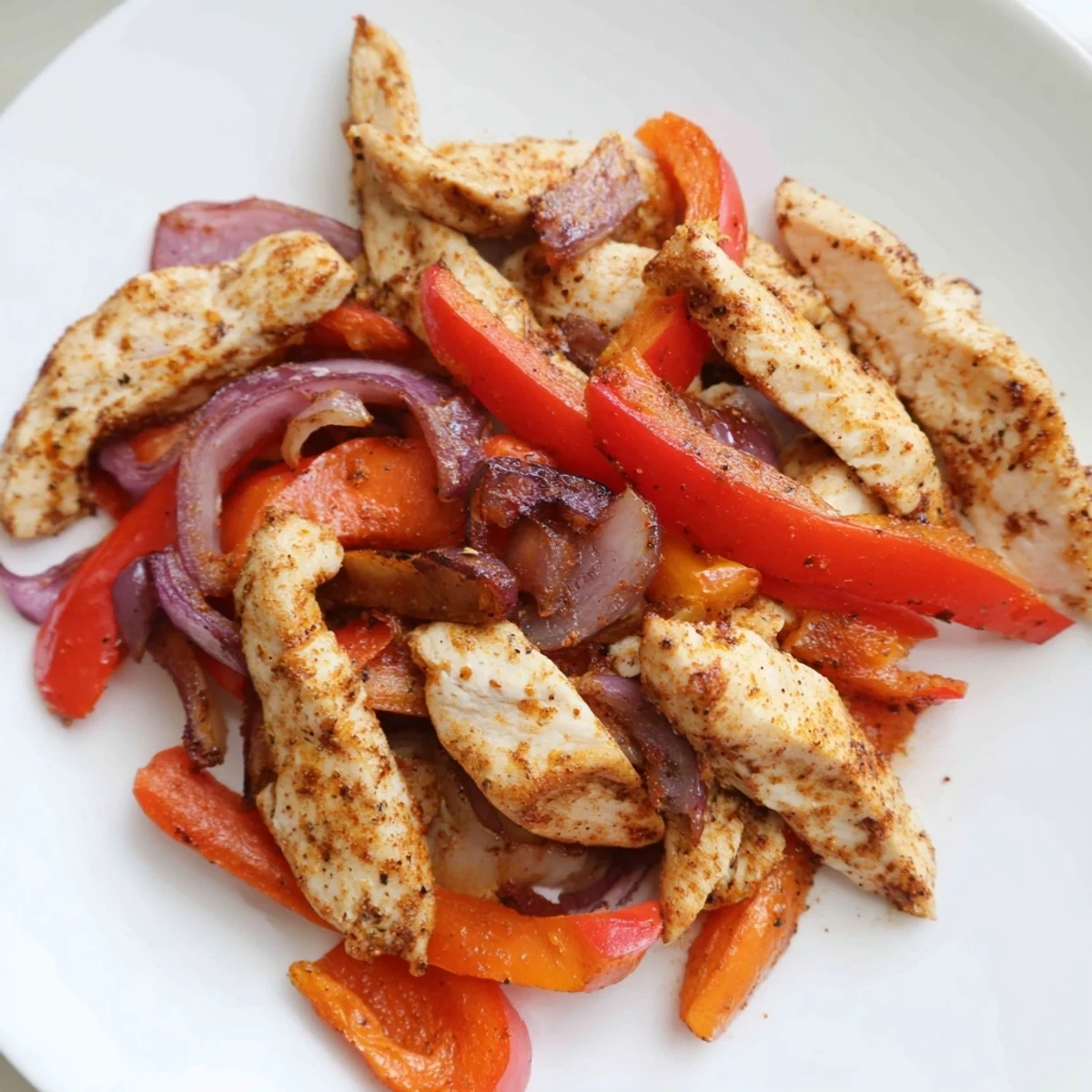Golden-brown Sheet Pan Chicken Fajitas with Onions and Peppers roasted to perfection with lime and spices.