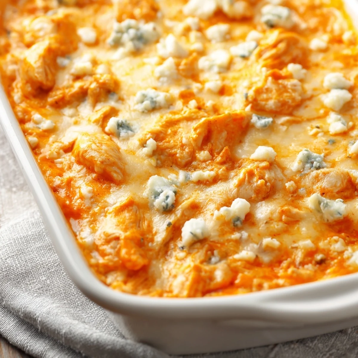 A warm, creamy Spicy Buffalo Chicken Dip fresh from the oven with fresh celery for dipping.