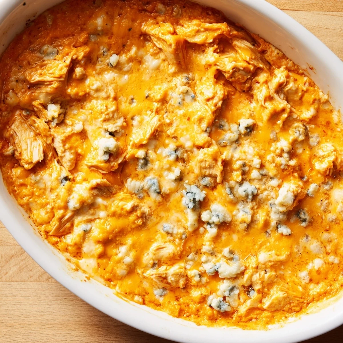 Golden, bubbly Spicy Buffalo Chicken Dip served with crisp celery sticks and a side of tangy ranch.
