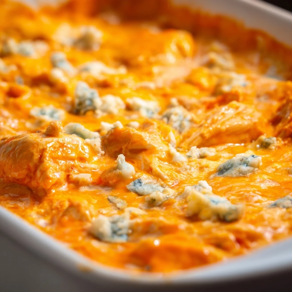 Spicy Buffalo Chicken Dip in a baking dish with celery sticks, perfect for parties and game days.