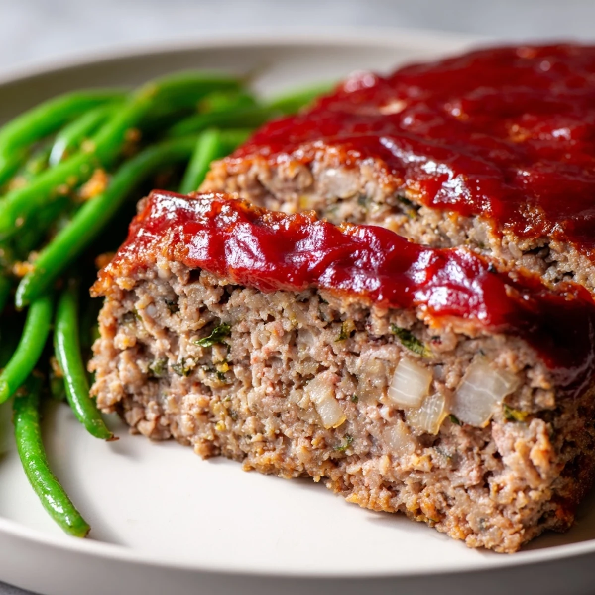 Freshly baked Turkey Meatloaf with Glaze and Green Beans served family-style for an easy weeknight dinner.