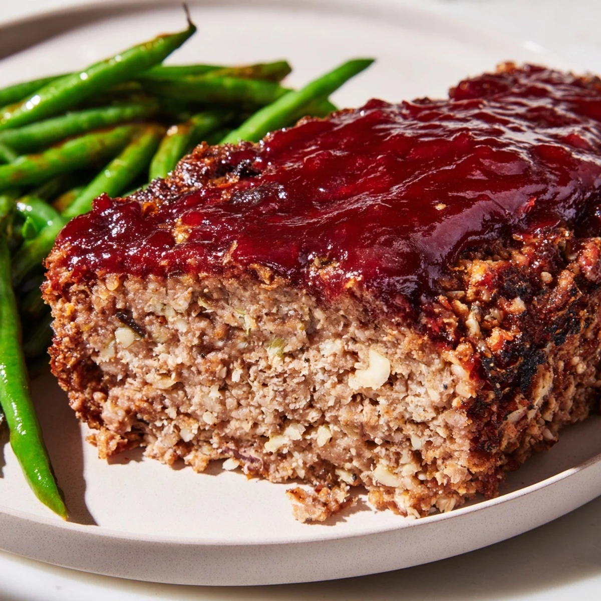 Sliced juicy Turkey Meatloaf with Glaze and Green Beans, highlighting the tender interior and sautéed crisp veggies.