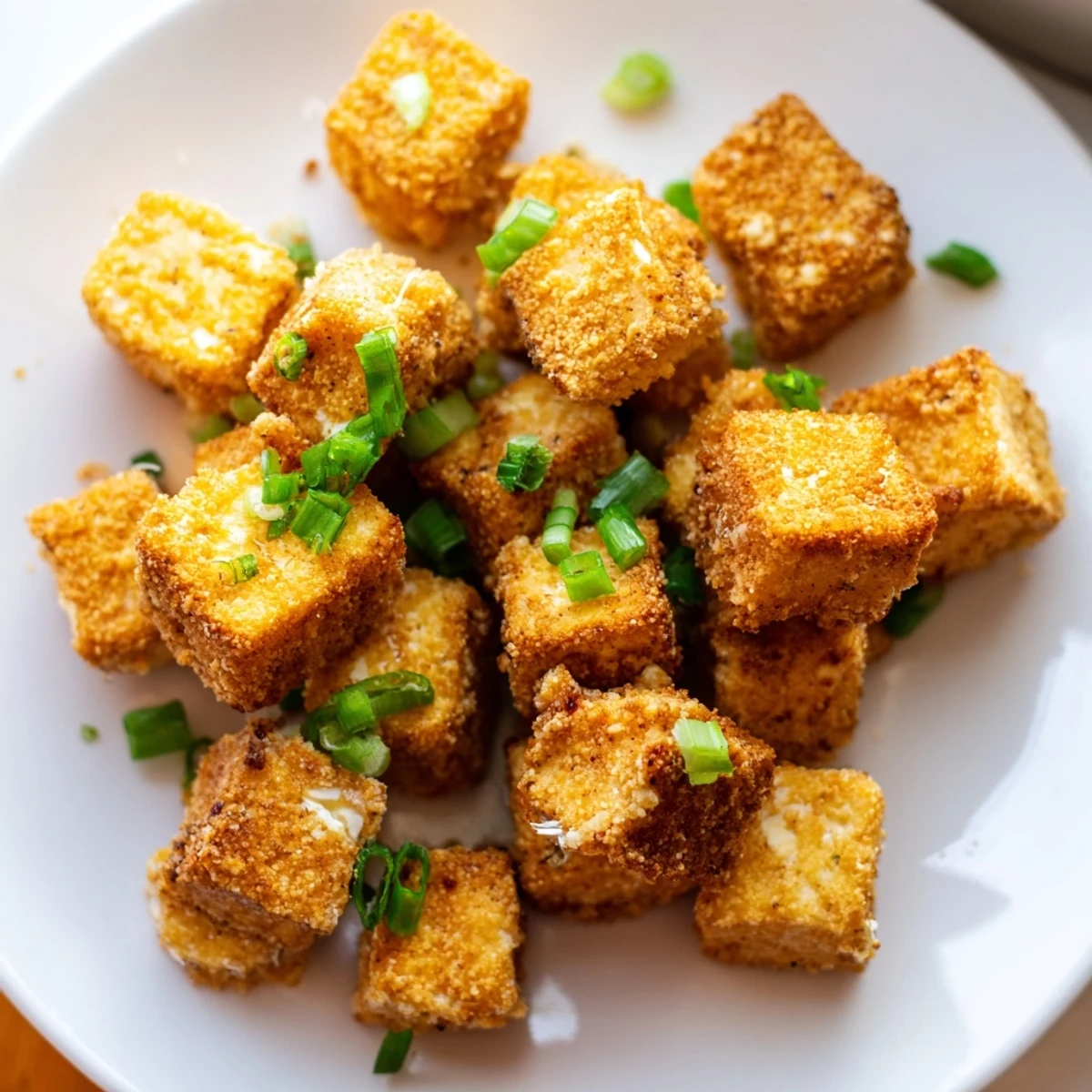 Golden brown Crispy Tofu Bites piled high on a white plate with a small bowl of sweet chili dipping sauce.