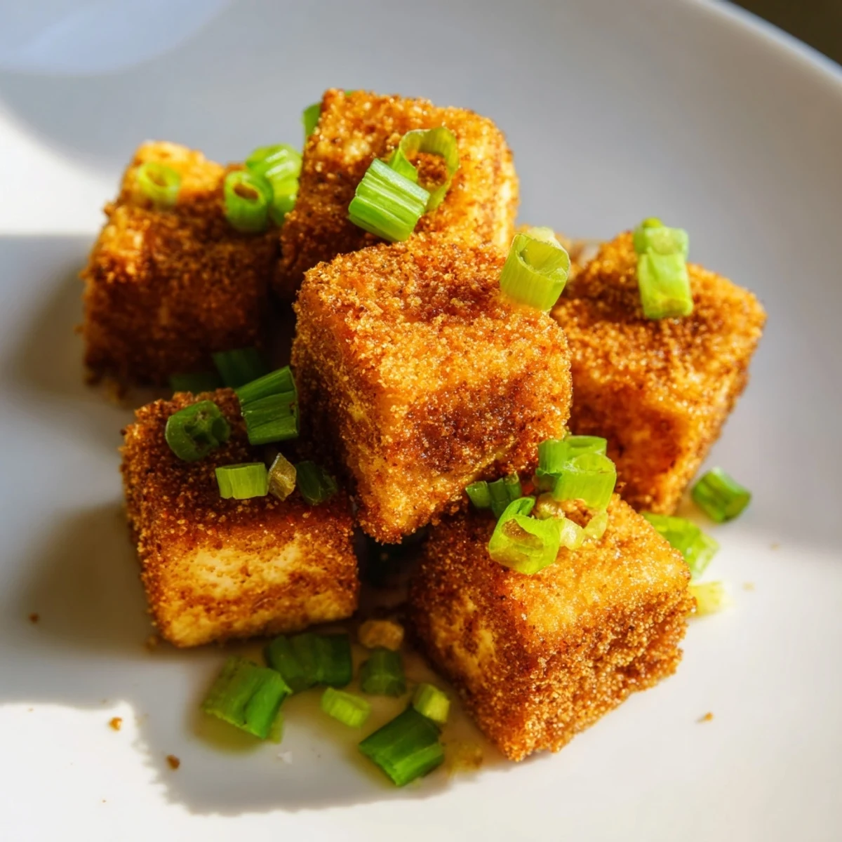 Homemade Crispy Tofu Bites fresh from the skillet, garnished with fresh cilantro and green onions.