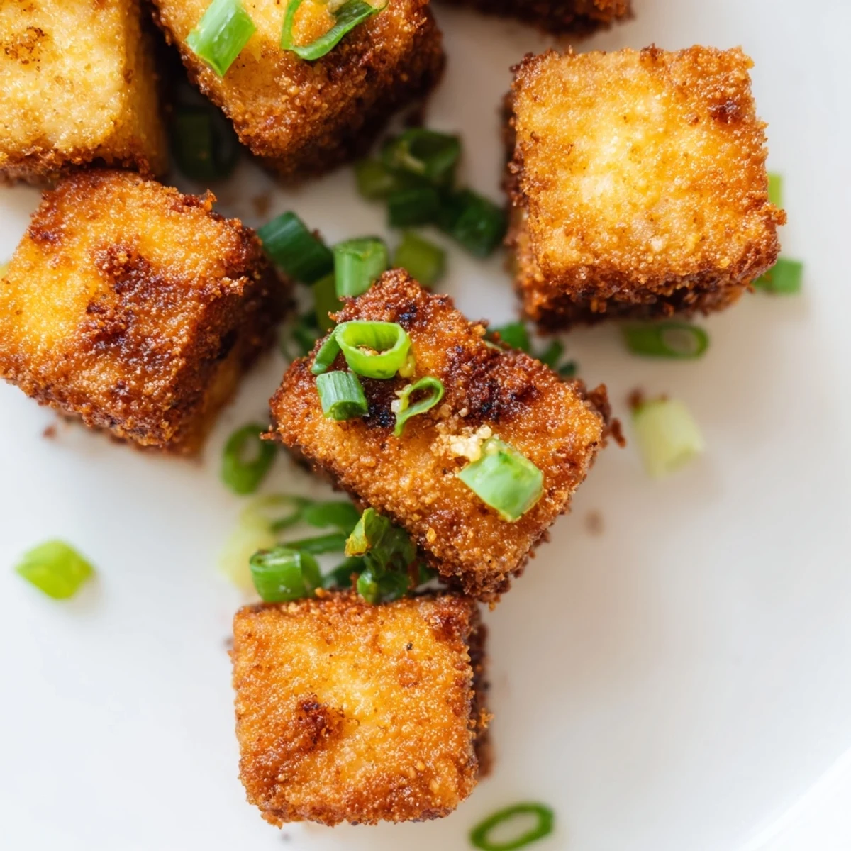 Soy sauce glazed Crispy Tofu Bites served as an appetizer with chopsticks on a wooden table.