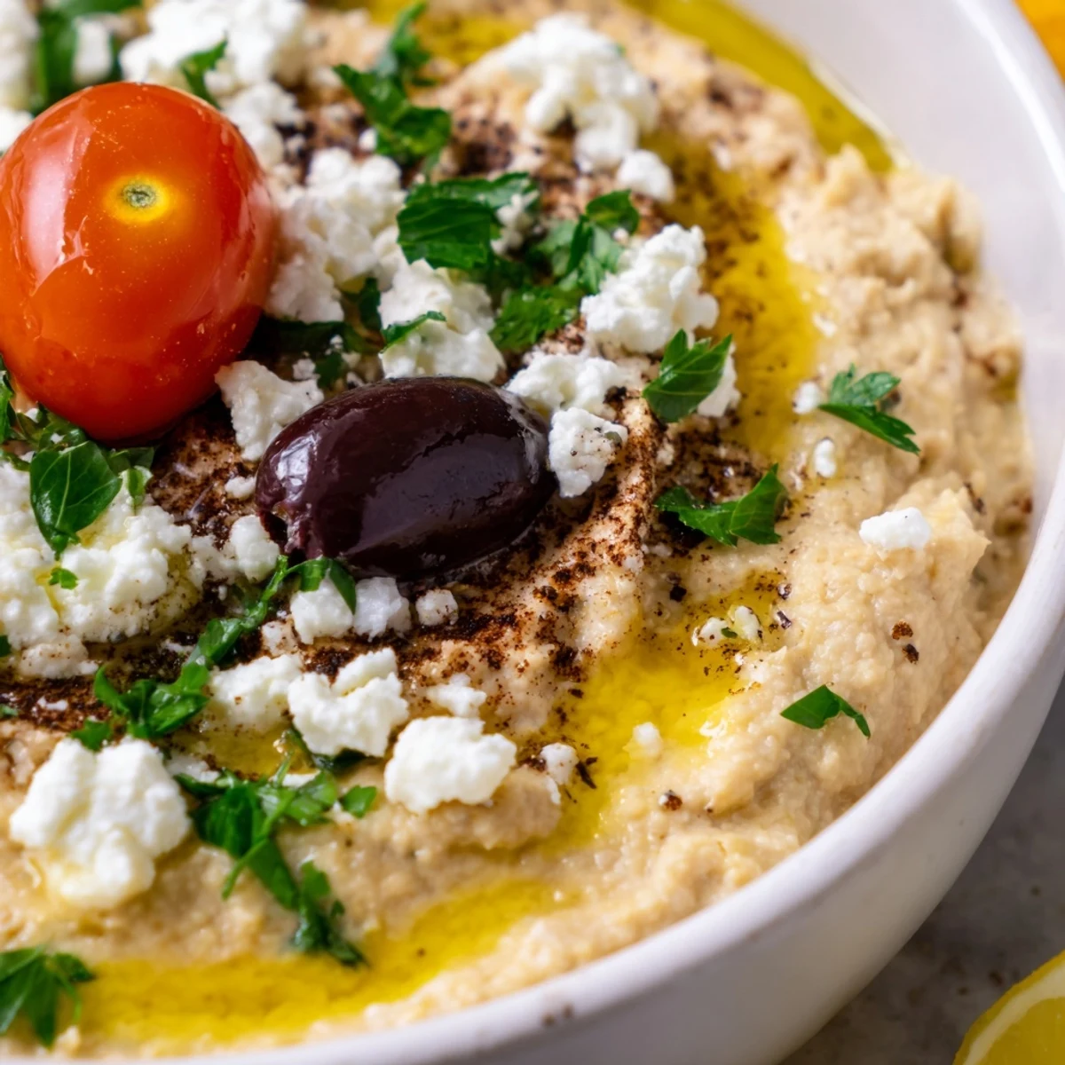 Freshly prepared Mediterranean Hummus Bowl with creamy hummus, cherry tomatoes, cucumber, olives, and feta cheese served with pita.