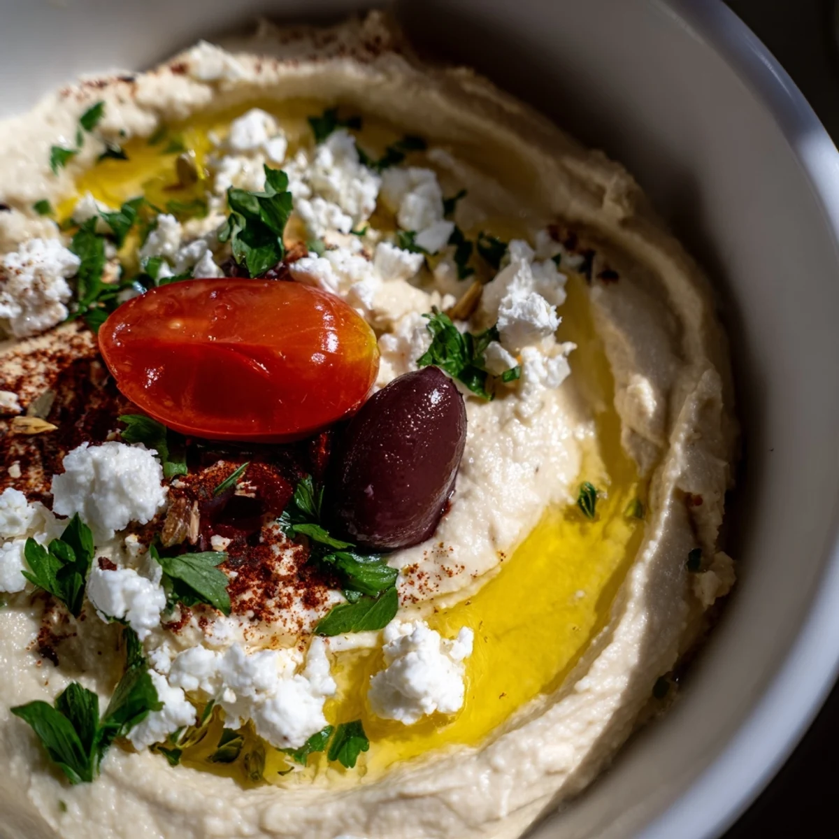 A colorful Mediterranean Hummus Bowl topped with diced bell pepper, red onion, fresh parsley, and a drizzle of olive oil.