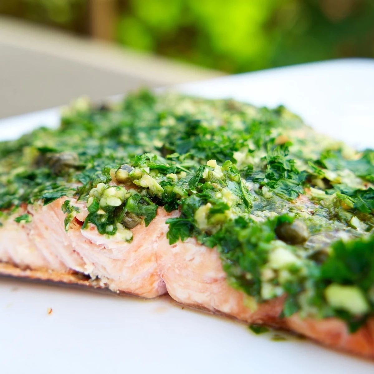 Close-up of tender Baked Salmon with Salsa Verde topped with a vibrant green herb sauce, served alongside roasted baby potatoes on a rustic table.