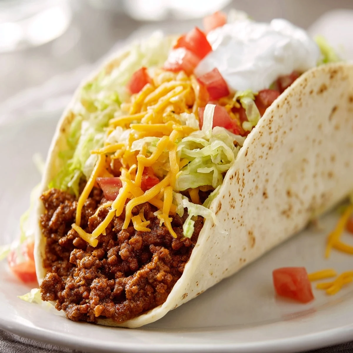Freshly prepared Beef Taco Night with seasoned ground beef, shredded lettuce, and melted cheddar on warm corn tortillas.