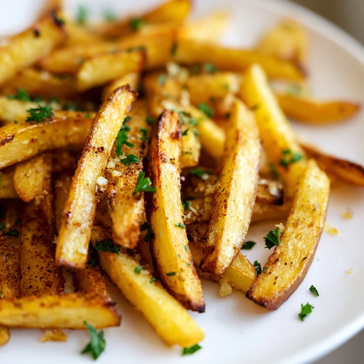 Golden crispy roasted fries with garlic tossed in fresh herbs, served on a plate ready to dip in aioli.