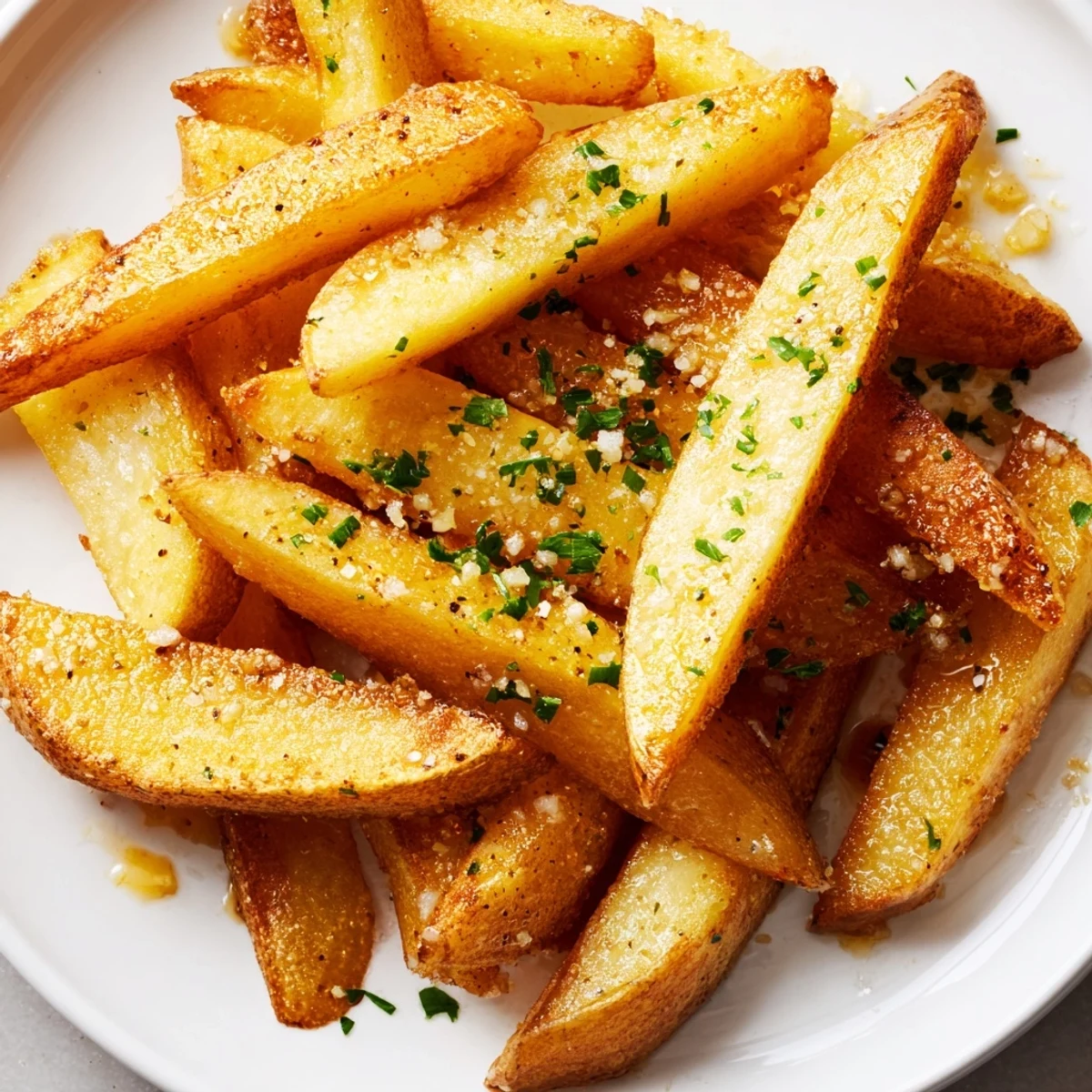 Freshly roasted fries with garlic garnished with chopped parsley and chives, served steaming hot on a rustic platter.