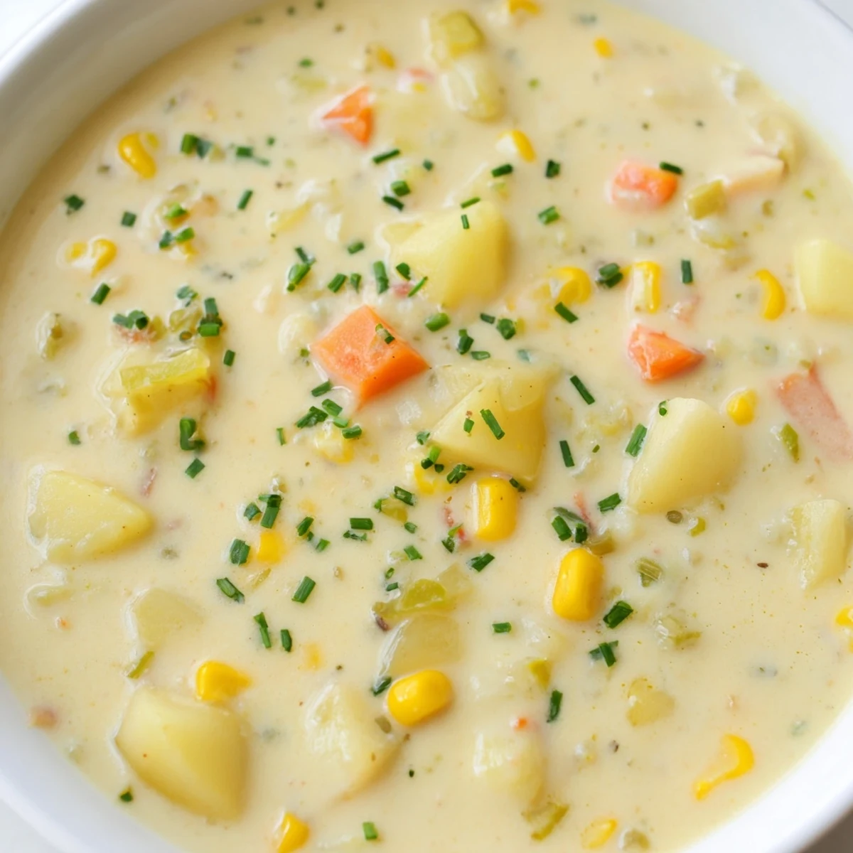 A ladle of hot Creamy Corn Chowder dripping over a spoon, revealing velvety broth and tender chunks of potato.