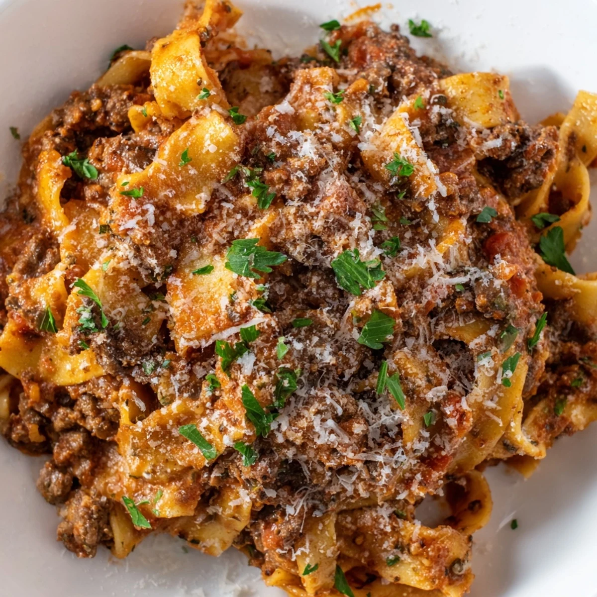 Slow Cooker Ragu Sauce simmering in a round black slow cooker, featuring a deep red, hearty tomato and meat blend with visible flecks of herbs.