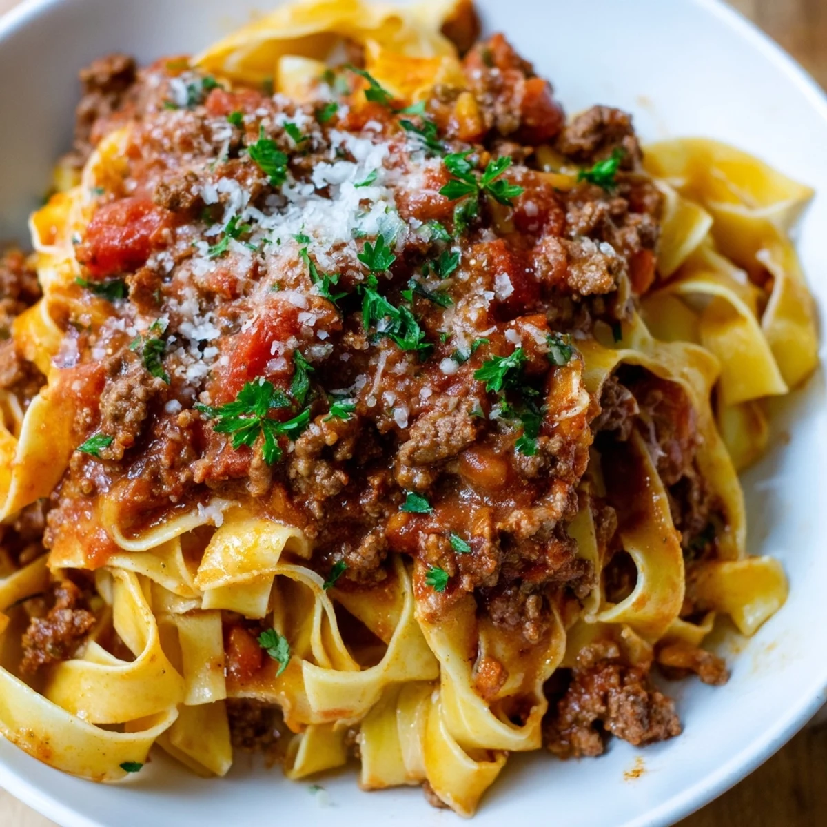 A finished Slow Cooker Ragu Sauce in a white bowl, garnished with fresh parsley and grated Parmesan, ready to toss with wide pasta noodles.